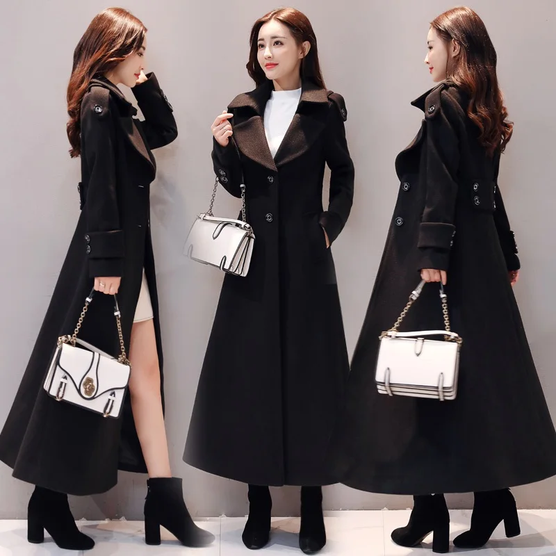 Fashion Extra long Woolen Coat Women 2020 Autumn Winter New Black Long Wool Jacket Korean Plus Size Thick Warm Ladies Overcoat | Женская