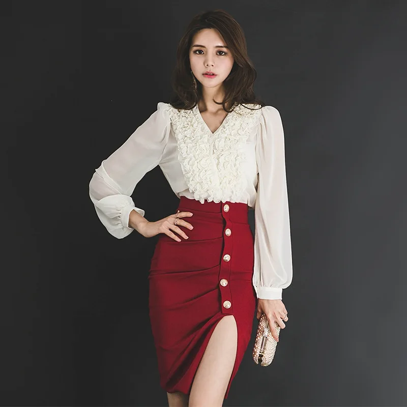 

2 Piece Set Elegant Women Suit 2018 Long Sleeves V-Neck Tops Shirt Blouse and Red Split Skirts Crop Top and Skirt Sets Vestidos