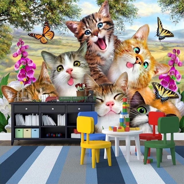Foto Tapete 3D Cartoon Nette Katze Tier Tapete Wandmalereien Kinder ... Foto Tapete 3D Cartoon Nette Katze Tier Tapete Wandmalereien Kinder ...