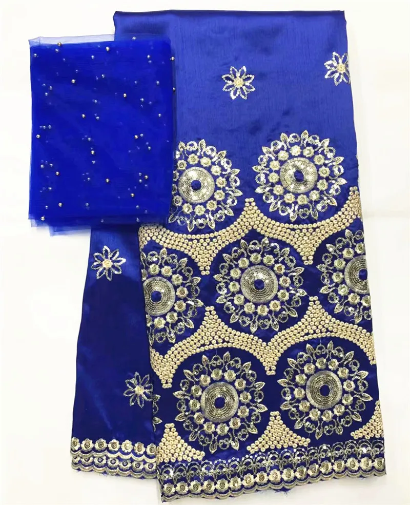 

Royal blue african george fabric high quality raw silk George lace fabric with beaded tulle lace George wrappers for dress