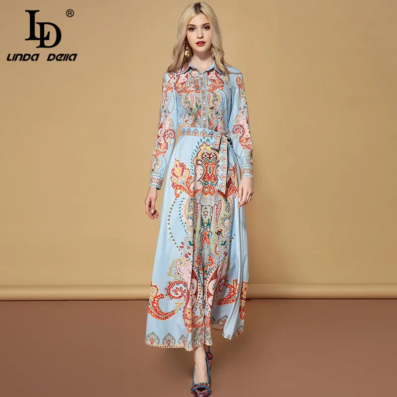 Женские платья с поясом LD LINDA DELLA, осеннее длинное кружевное платье с v-образным вырезом, голубое платье с длинными рукавами и принтом, платье для отпуска - Цвет: Многоцветный