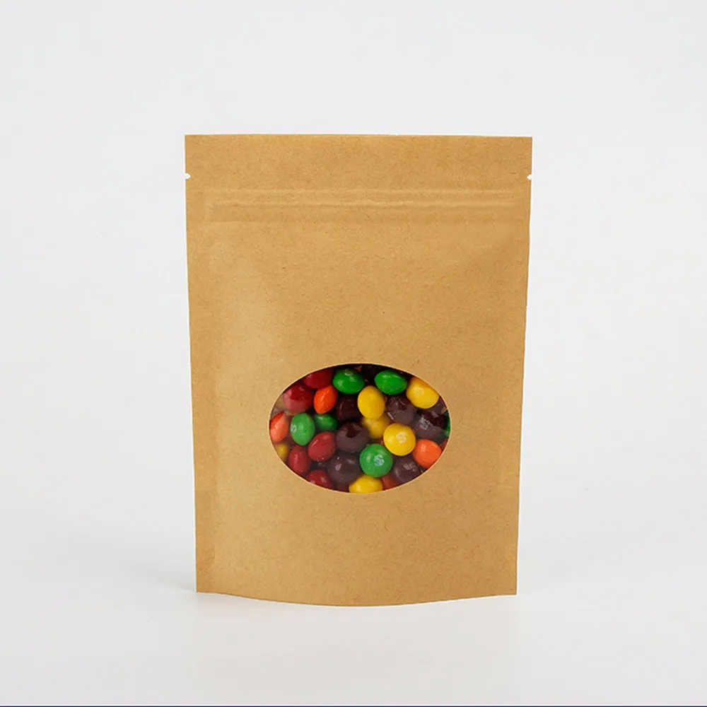 

50 Pcs Window Kraft Stand Up Zip lock Bags Pouches With Clear Round Window Kraft Standing Zipper Bags Window Kraft Paper Bags