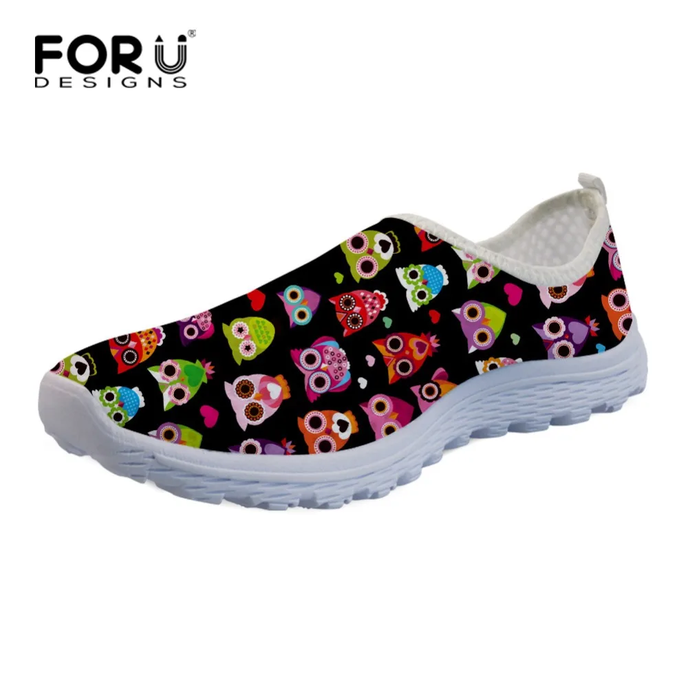 

FORUDESIGNS Black Cartoon Owl Sneakers Women Slip On Flats Breathable Lightweight Female Ladies Summer Mesh Walking Shoes Soft
