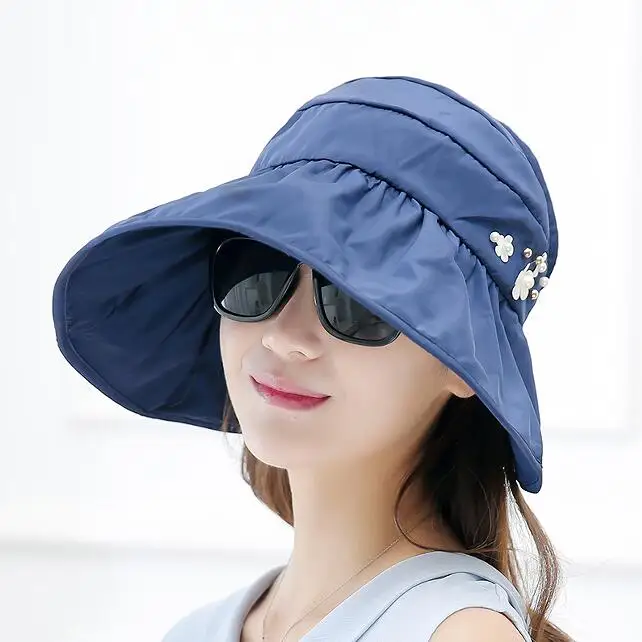 Летний широкий пляжный навес жемчужная Солнцезащитная шляпа для женщин модная Chapeu Feminino Dames Petten складной солнцезащитный козырек Кепка анти-УФ соломенные шляпы - Цвет: dark blue