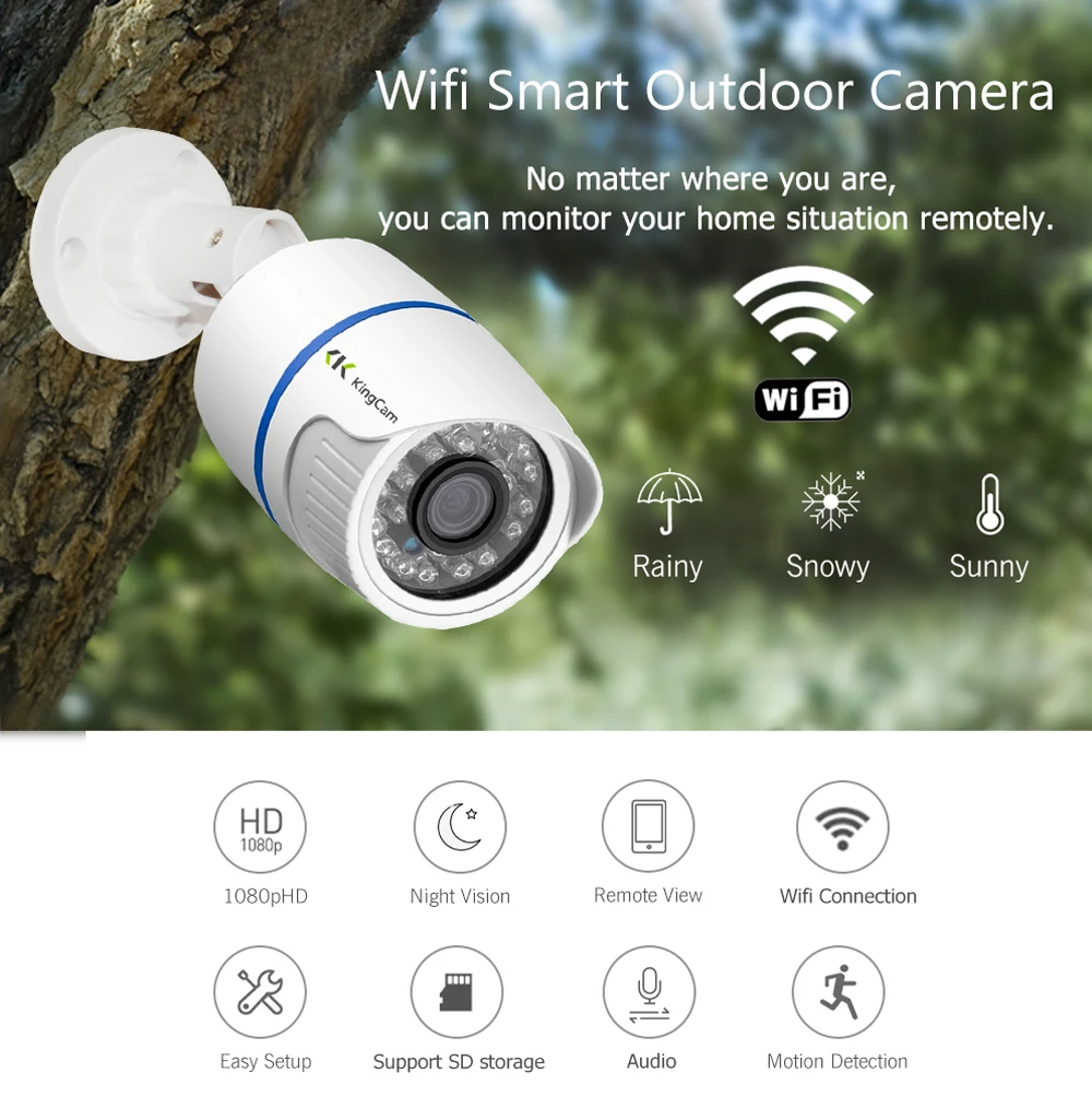 KingCam Wifi IP камера 1080P Беспроводная CCTV пуля наружная крытая Водонепроницаемая камера s с микрофоном, поддержка SD TF карта Cam