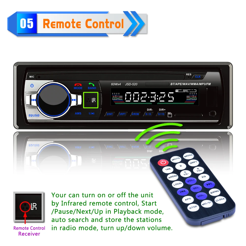 JSD-520A long Car Bluetooth MP3 player support hands free BT Call bluetooth music playback AUX Input 4 Ways Speaker Output