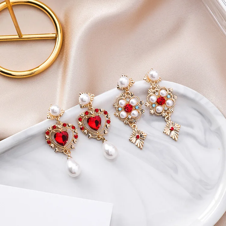 

Romantic Simulated Pearl Crystal Stone Heart Love Drop Pendientes For Women Rhinestone Flower Long Earings For Party Jewelry