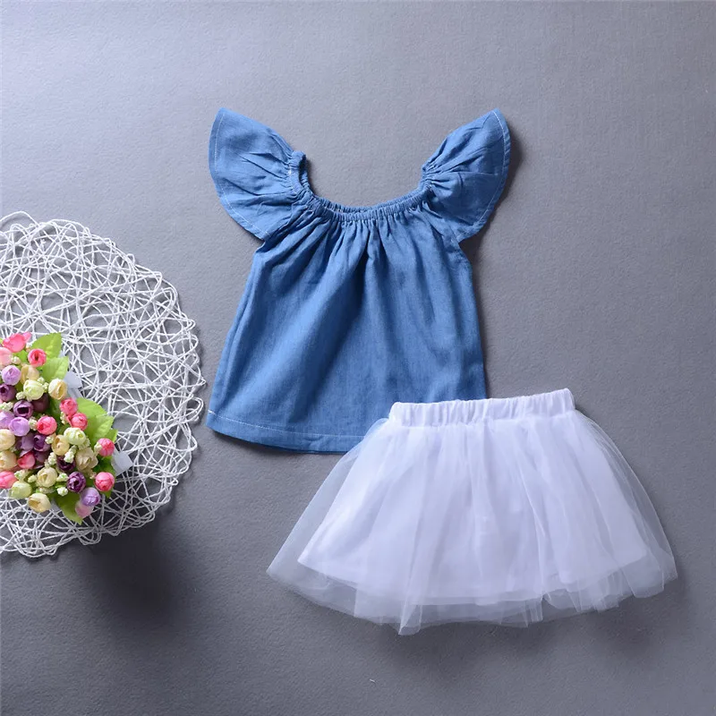 

Baby Girl Summer Clothes Set 2018 New Denim Tops Shirt+Tutu Skirts for Toddler Kids Girls 2Pcs Jeans Outfits Clothing Sets 1-5Y