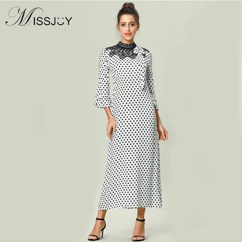 

MISSJOY Islamic Clothing Turkish Abaya Prayer Dress Muslim Flare Sleeve Polka Dot Printed Lace Patchwork Indonesia maxi dress