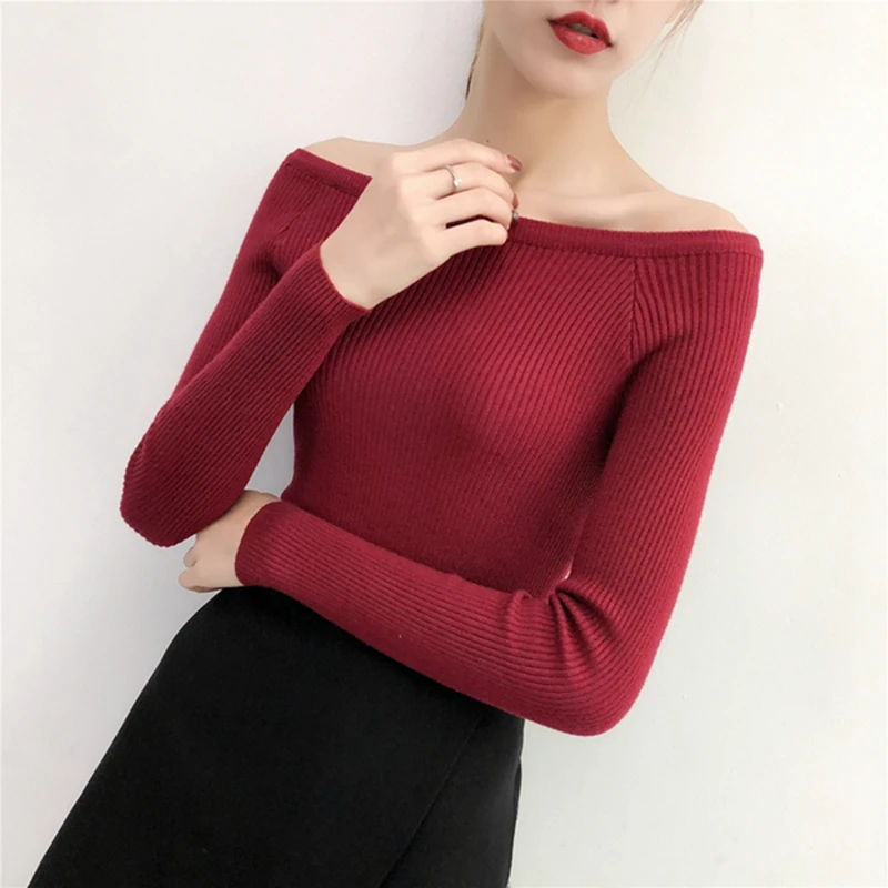 

gkfnmt Warm and Charm Sexy Off Shoulder Knitted Sweater Women Autumn Elegant Jumper Pull Femel Winter High Stretch Knitwear Top