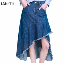 Весна лето винтажная рваная Низкая Высокая юбка асимметричная джинсовая ампир юбки женские Лоскутные подол Сплит А-силуэт джинсовые юбки