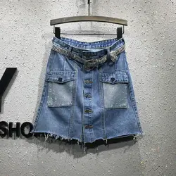 2019 Новое поступление, летняя женская юбка трапециевидной формы с высокой талией синяя цветная дрель джинсовая юбка с карманами джинсовые