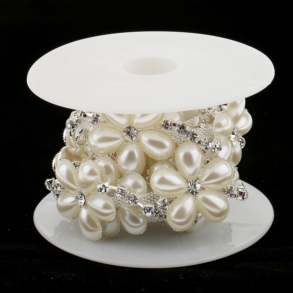 1yard Wholesale White Rhinestone Pearl Flower Beaded Ribbon Lace Trims