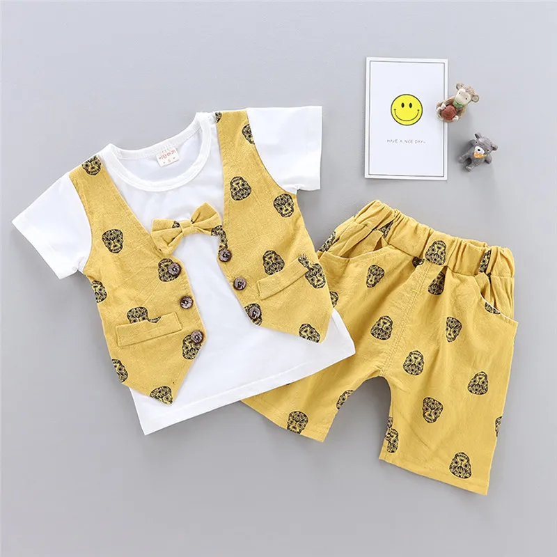 Children's clothes 2019 new Infant Baby Boys Summer Gentleman Print Short Sleeve Bow Shirt+Shorts Pants Sets  (10)