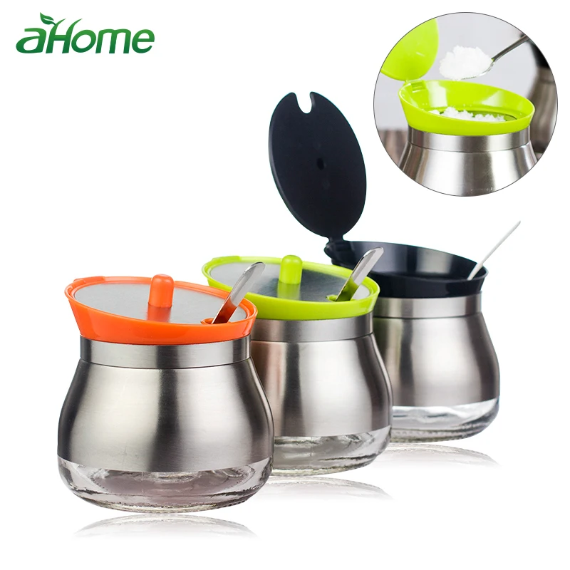 

304 Stainless Steel Condiment Jar Bottle Seasoning Sugar Salt Pepper glass Container Storage Box with Spoon