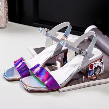 

Women's genuine leather mix color high heel sandals open toe summer ladies comfortable dress pumps high quality crystal shoes