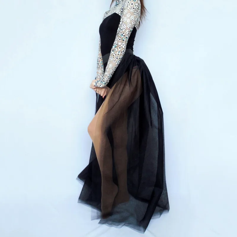 4 Layers Black Long Tutu Tulle Skirt Fashion Bride Overskirt Big Swing Floor Length Saia Longa Detachable Wedding bridesma Skirt (10)