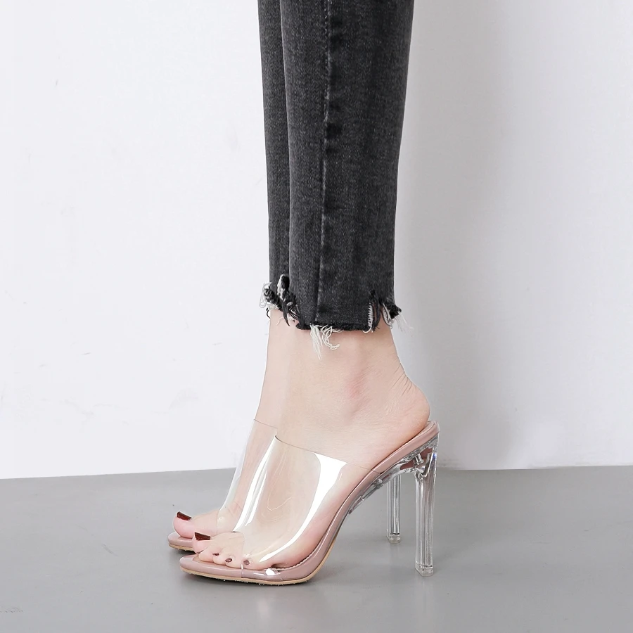 

2019 summer new Women's Clear Peep Toe Thin High Heels Mules Gold Slip On Slide Sandals Transparent Dress Sandals Stiletto Shoe