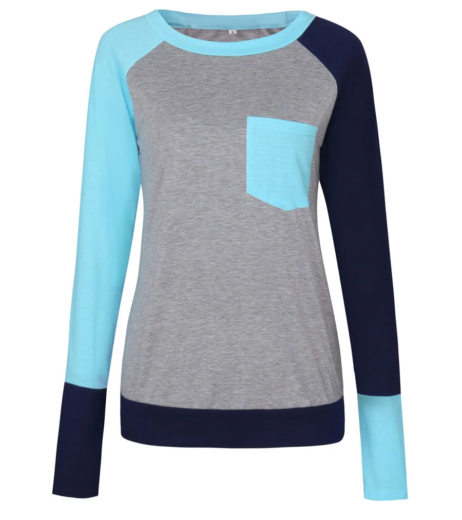 Gladiolus Hot Fashion Patchwork T Shirt Women 2018 Long Sleeve O-Neck Pocket Style Women Tops T-shirt Autumn Ladies Tee Shirts  (32)