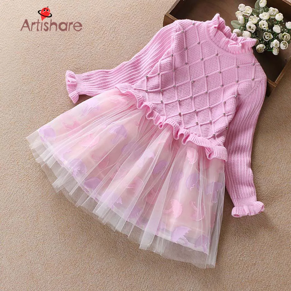 

Artishare High Quality Girls Dress Pullover Knitted Sweaters Ball Gown Dress Long Sleeve Outerwears O-neck Kids Knitwear 4-13Y