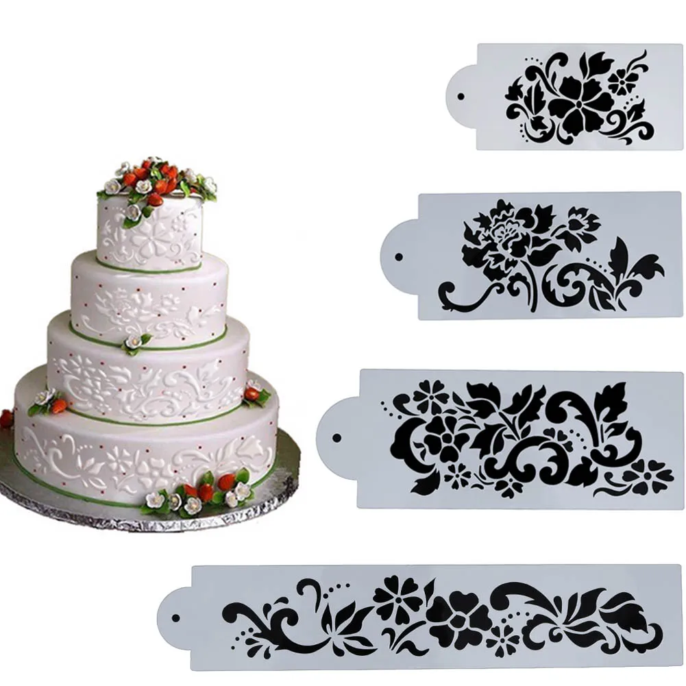 Buy 4PCS Flowers Cake Stencil Kitchen Cupcake