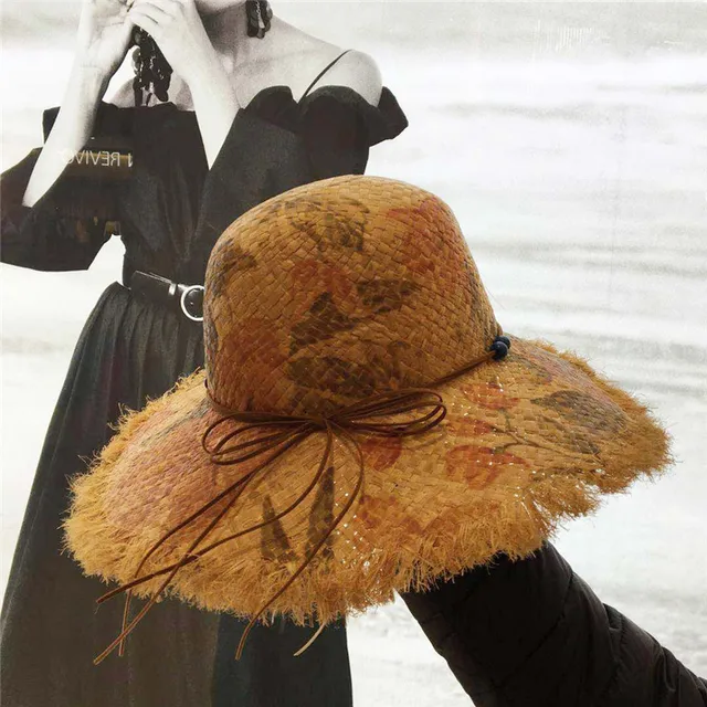 Leather Rope and Bead Womens Reversible Straw Sun Hat Printing Summer Rafi Straw Hat Floppy Foldable Beach Bohemian Straw Hats