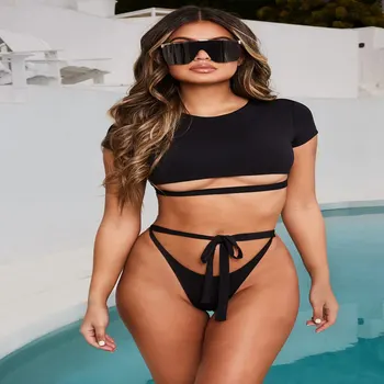 

Sexy Swimsuits Bikini Swimwear 2019 Thong Women High Neck Solid Padded Halter Bandage Bikini Set Mujer Swimming Suit Beach Wear