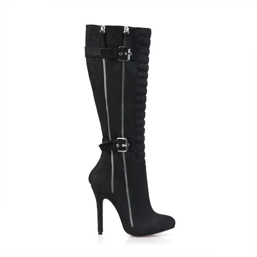 CHMILE CHAU Sexy Party Shoe Women Thin Stiletto High Heel Buckle Zipper Pleated Ladies Knee-High Boots Zapatos Mujer 0640CBT-Y5 - Цвет: Black Suede