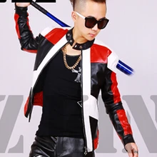 Для мужчин Мода DJ для певцов в ночном клубе GD черный и белый цвета красный шить мотоцикл кожаная куртка пальто костюмы