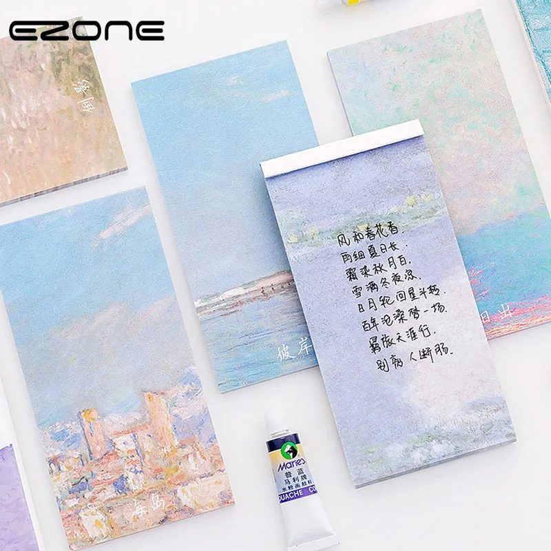 

EZONE Oil Painting Memo Pad Kawaii Sea/Tree/Lotus Scenery Printed Notepad For Traveler Journey Diary Students Notes Stationery