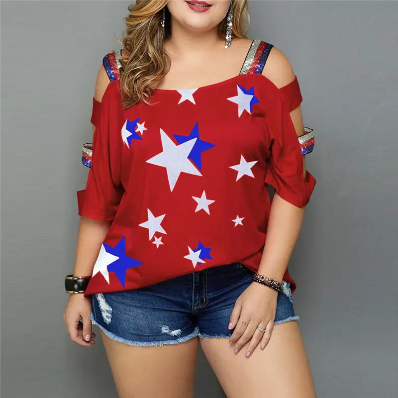 Женские повседневные летние блузки-топы, большие размеры, принт со звездой, с открытыми плечами, на бретельках, рукав, топ, рубашка для женщин, camisetas verano mujer ED - Цвет: Красный