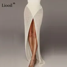 Liooil выдалбливают сексуальный разрез трикотажная юбка для женщин Асимметричные летние юбки женские, макси Высокая талия белые вечерние пляжные длинные юбки