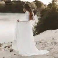 Cheap Beach Wedding Dress Long Sleeve Boho V Neck Open Back Bridal Dresses 2019 Chiffon Princess Lace Chiffon Wedding Gown Novia