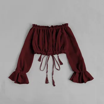 

Off Shoulder Sexy Women Blouse Shirt Lace Up Long Sleeve White Shirts Short bandage Cropped Tops Red blusas mujer feminina