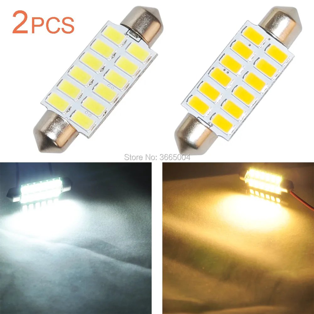 

2pcs 42MM 1.72" White LED Dome Festoon Bulbs 12 SMD License Plate Door Map Light Warm white