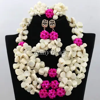 

White African Coral Beads Jewelry Set Fuchsia Crystal Balls Nigerian Wedding Bridal Necklace Jewelry Set Free Shipping CJ523