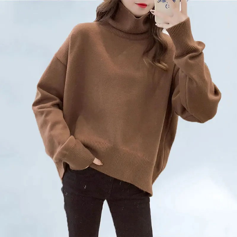

2019 Autumn And Winter Women Cashmere Sweaters Casual Turtleneck Pullovers Batwing Full Sleeve Thick Knit sweater Solid 105