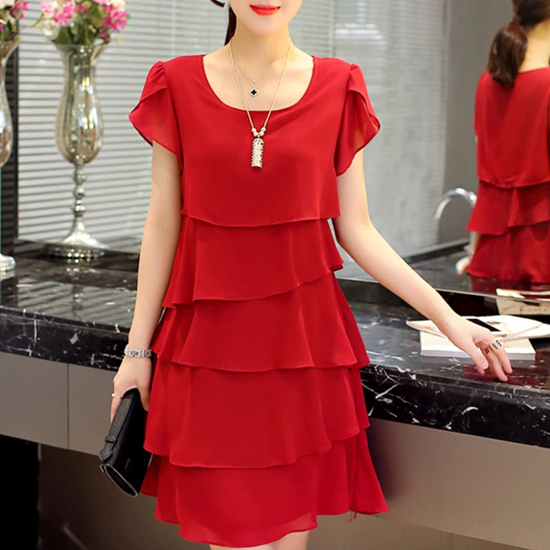 

Summer Chiffon Dress The New Fashion Women Plus Size 5XL Loose Cascading Ruffle Red Dresses Casual Ladies Elegant Party Cocktail
