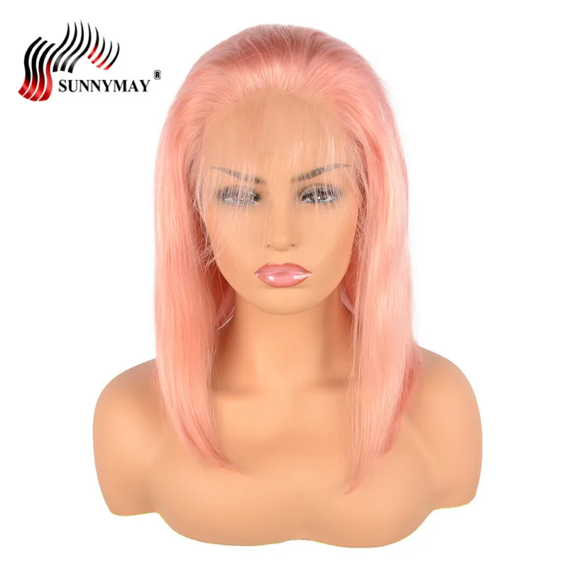 Sunnymay полный шнурок человеческие волосы парики персик Цвет бразильский девственные волосы боб парик с регулируемыми ремнями