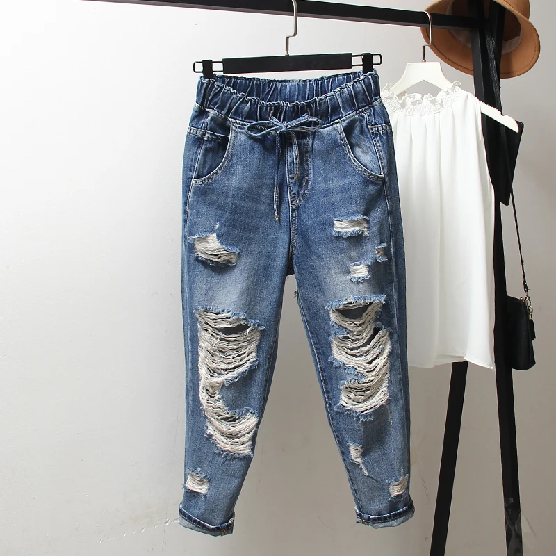 

New Spring and Summer Women's Holes Jeans Mid-waist Students Mid-calf Denim Trousers Large Size Harem Pants
