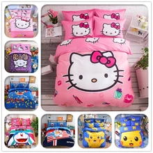 Cartoon 3d Bedding Set Hello Kitty Mickey Mouse Pikachu Printed for Kids Cotton Bed Linen 4pcs