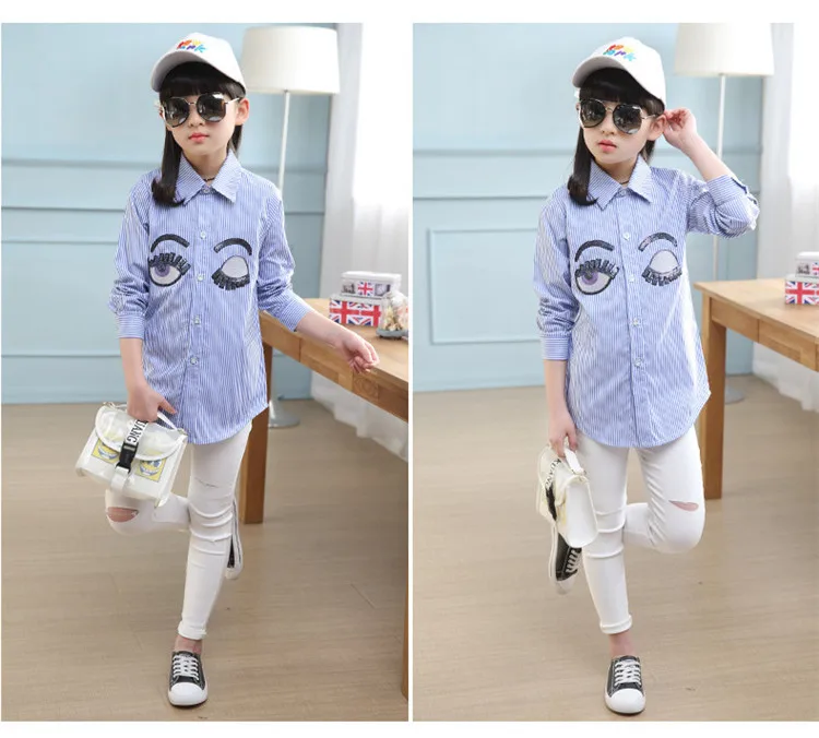3-12 y kids girls shirts spring autumn girl long sleeve shirt school clothes stripe sequins eye 12 years children clothing top (6)