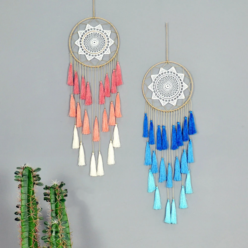 

Cilected Handmade Blue/Red Macrame Tapestry Wall Hanging Bohemian Gradient Dream Catcher Tapestry Fringe Wedding Gift Bag Packag