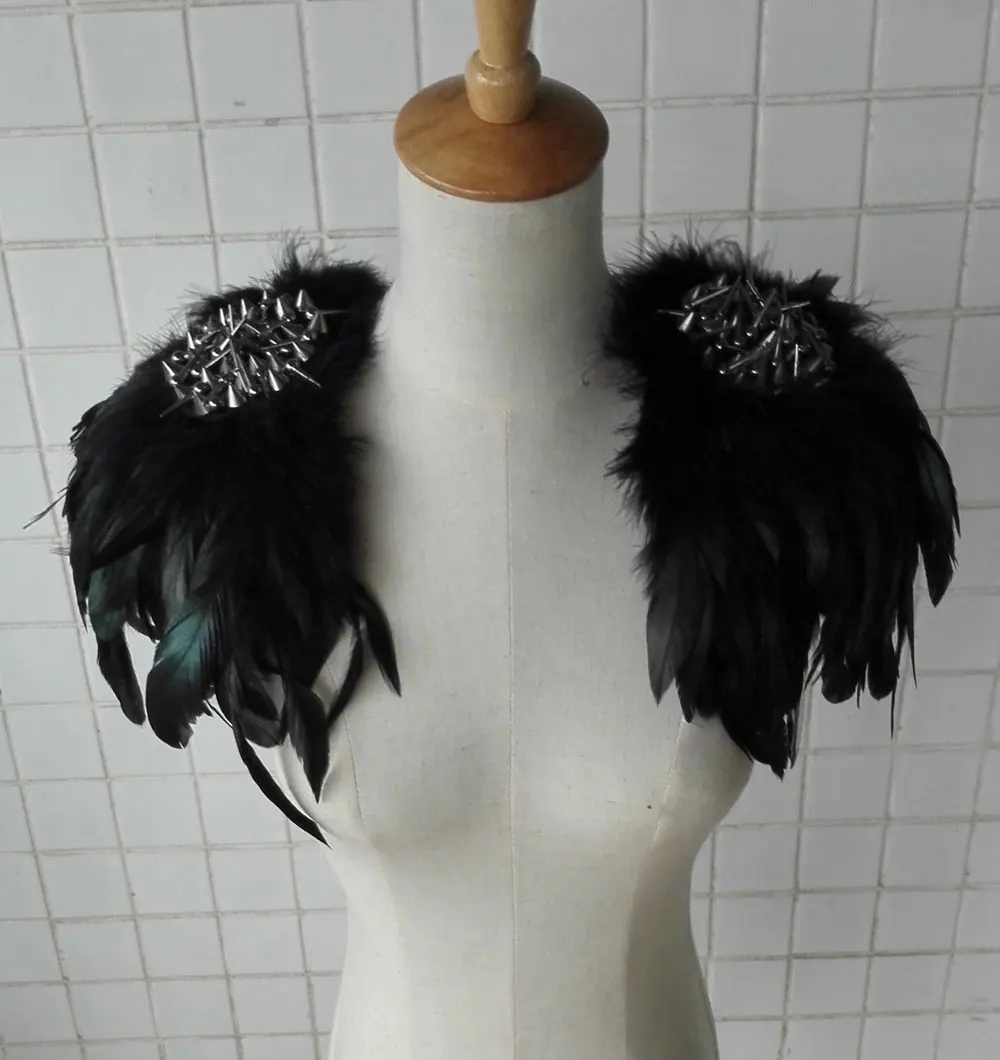 Handmade coque feather shoulder epaulettes with spike applique #FSP16004