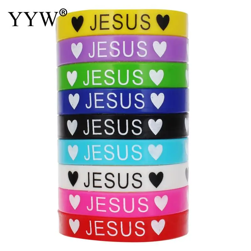 

10pcs/lot New Trendy Charms Game Wristband Silicone Bracelets Word Jesus Printing with Heart Pattern Rubber Bracelets for Women