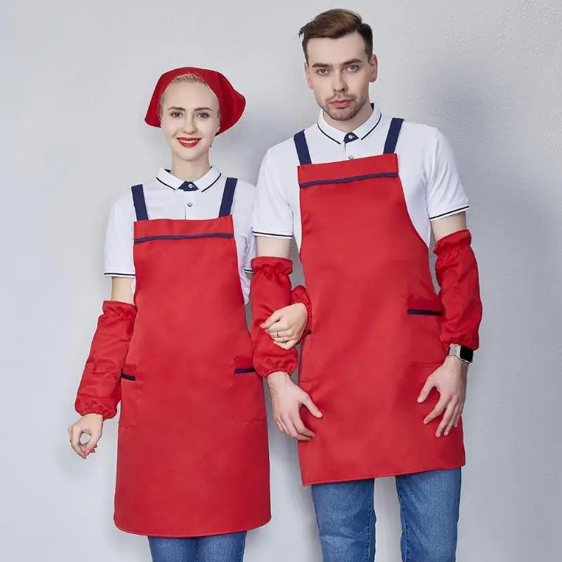 Простой 2 кармана Кухня Пособия по кулинарии фартук платье+ чистке рукава+ платок комплект для кафе шеф-повар Ресторан кухонный фартук комплект