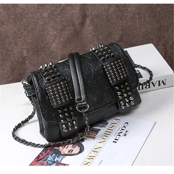

2019 Vintage Skull Shoulder Bags Women Flap Pu Leather With Silk Female Black Handbags Ladies Casual Chain Crossbody Bag