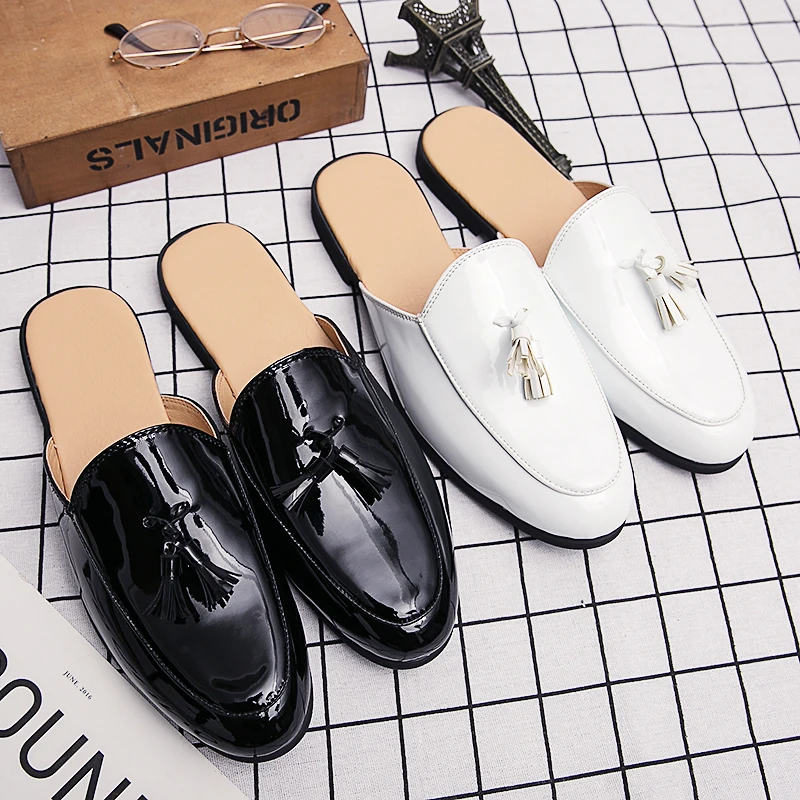 

Men Big Size Half Slippers Slip On Outdoor Mens Patent Leather Casual Shoes Slides Man Driving Loafers