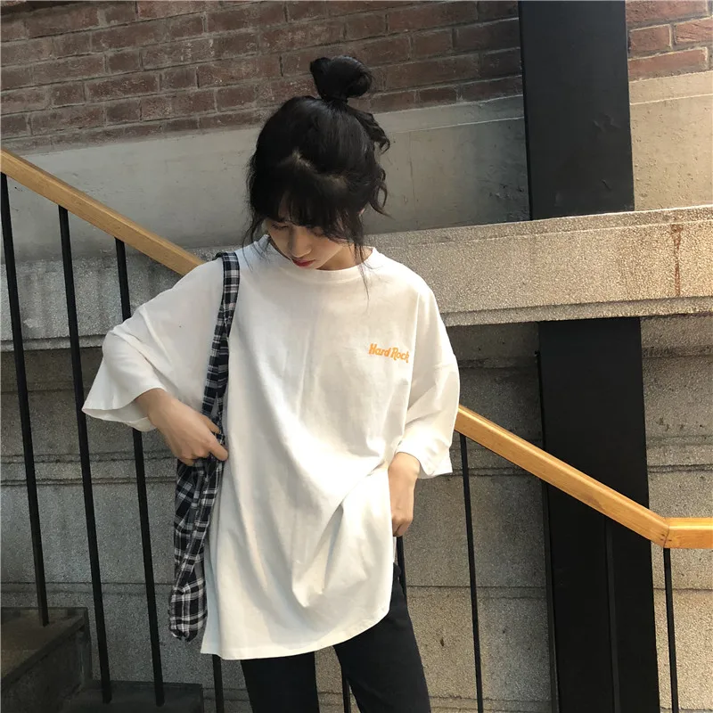 Женские летние футболки с принтом жесткой рок-буквы с коротким рукавом корейские студенты Харадзюку Графические футболки женские топы Ins горячая распродажа