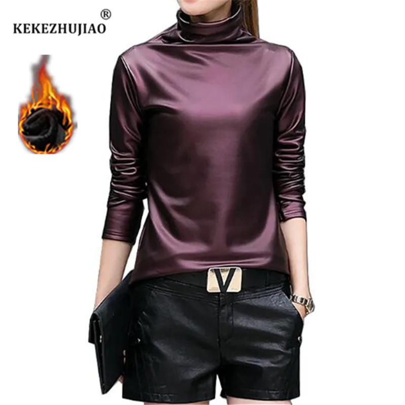 Plus Size Women Pu Turtleneck Blouse Metallic Long Sleeve